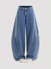 SHEIN MOD 女士口袋喇叭宽松休闲百搭牛仔裤，高腰宽松版型牛仔裤，侧边条纹细节，阔腿设计，适合冬季和新年穿着，休闲百搭。 - 中等水洗藍 - 查看 7