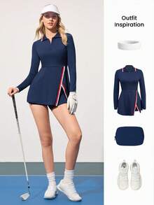 CourtClass Camisa polo feminina minimalista de manga comprida com blocos de cores, ideal para golfe e uso diário. - Azul marinho - Ver 5