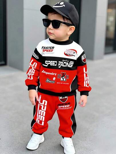 SHEIN 2pcs/Set Boys Loose Fit Casual Comfortable Letter Print Long Sleeve Hoodie And Pants Set, Suitable For Autumn/Winter, Classic Racing Car Graphic Print