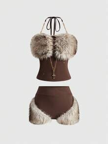 ROMWE J-Fashion 涩谷女孩 Y2K 复古音乐节拼接毛边金属链条吊带背心和超低腰迷你裙两件套 - 棕色 - 查看 1