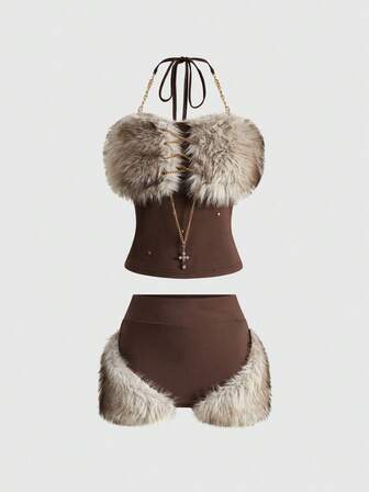 J-Fashion Set da 2 pezzi composto da top canotta con catena e scollo alla halter in stile retrò Y2K e minigonna super vita bassa, adatto a festival musicali e stile Shibuya girl