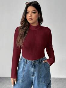 SHEIN EZwear Bộ đồ liền thân dài tay cổ trụ màu đỏ rượu vang cỡ lớn dành cho nữ - Màu Đỏ Sâu - Xem 4