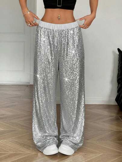 SHEIN Tween Girl Sequin Panel Elastic Waist Casual Loose Fit Pants