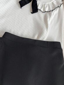 PrepCrw 2pcs Young Girls Elegant Urban Casual Collegiate Versatile White Lace Collar Black Trim Knit Loose Long Sleeve Top And Black Mini Skirt Set, Suitable For Back To School, Casual Outings, Trips, Gatherings, Holidays, Autumn/Winter - Black and White - View 6