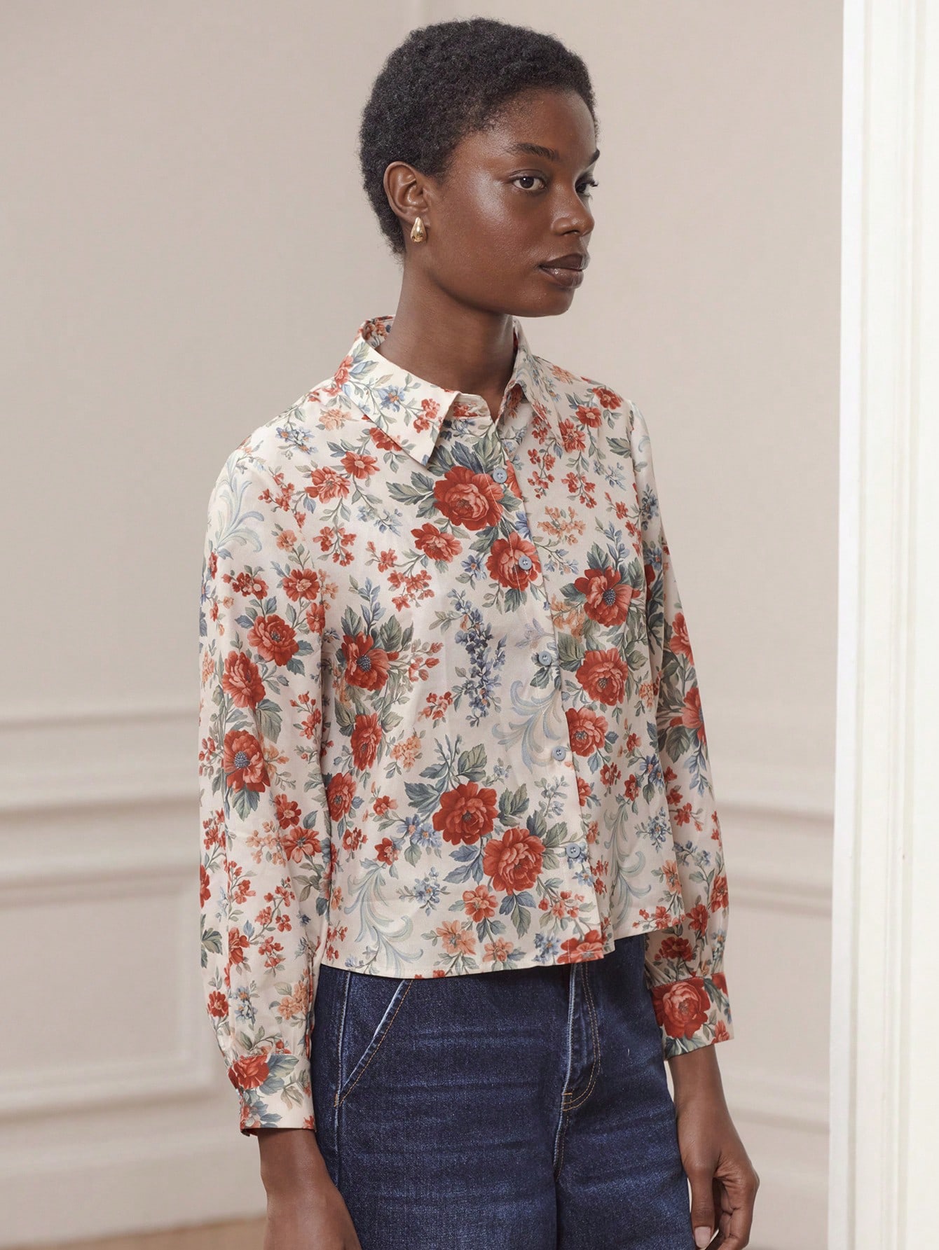 Vintage Floral Satin Long Sleeve Shirt With Classic Collar And Button-Up Front Business Casual Top Spring Summer New Year Going Out