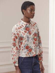 lacRébo 复古花卉缎面长袖衬衫，经典领口，纽扣前襟，商务休闲上衣，春夏新年外出穿着 - 彩色 - 查看 1