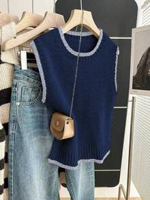 Franclia 女士休闲宽松圆领无袖针织撞色滚边卡其色毛衣上衣，春秋季 - 彩色 - 查看 4