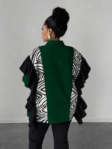 Maweii Plus Size Women's Patchwork Zebra Print Ruffle Hem Loose Fashion Blouse - Green - View 3