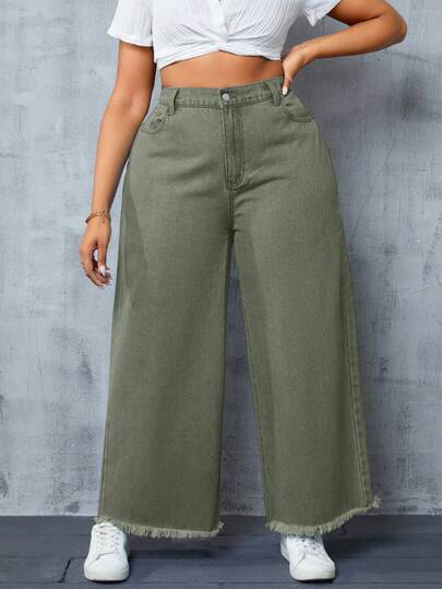 SHEIN SXY Plus Size Women's Fashion Frayed Waist Wide Leg Pants