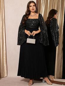 SHEIN Clasi Curvy Plus-Size Women's Black Elegant Formal Evening Dress,Autumn Shimmering Chiffon Square Neck Open Sleeve Pleated Hem Fitted Waist Party Ball Gown - Black - View 5
