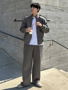 DAZY Men's Thick Grey Side Seam Knitted Jacket Set, Autumn/Winter