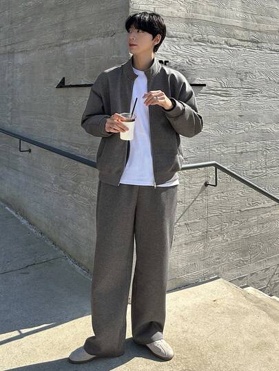 DAZY Men's Thick Grey Side Seam Knitted Jacket Set, Autumn/Winter