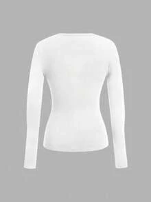 SHEIN EZwear Bộ 3 áo thun dài tay bó sát cổ chữ V sâu cho nữ, màu trắng - trắng - Xem 6