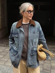 Vivie Lora Women's Casual Pocket Loose Long Sleeve Zip-Up Denim Jacket - Blue - View 1