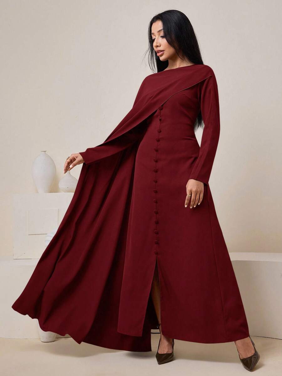 Veilorie 女士纯色圆领缎带设计纽扣优雅连衣裙 - 酒紅色 - 查看 1