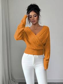 SHEIN Elenzya Áo len dệt kim dài tay hở lưng cổ chữ V màu trơn cho nữ - trái cam - Xem 6