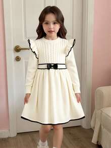 SHEIN Sparklyn Mädchen Pulloverkleid, modisches, elegantes Farbblock Pulloverkleid mit Schleife, Fake Taschen, Rundhalsausschnitt, Langarm Prinzessinnenkleid, geeignet für 8-12 jährige Mädchen, A-Linie plissierter Rock, Herbst/Winter gestricktes Kleid - Weiss - Übersicht 4