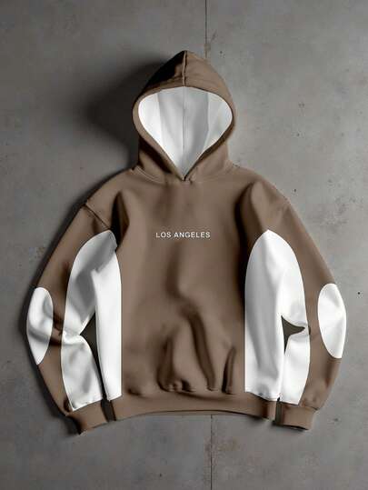 Manfinity EMRG 男士休闲时尚街头连帽衫，字母印花撞色设计，秋冬季保暖内衬