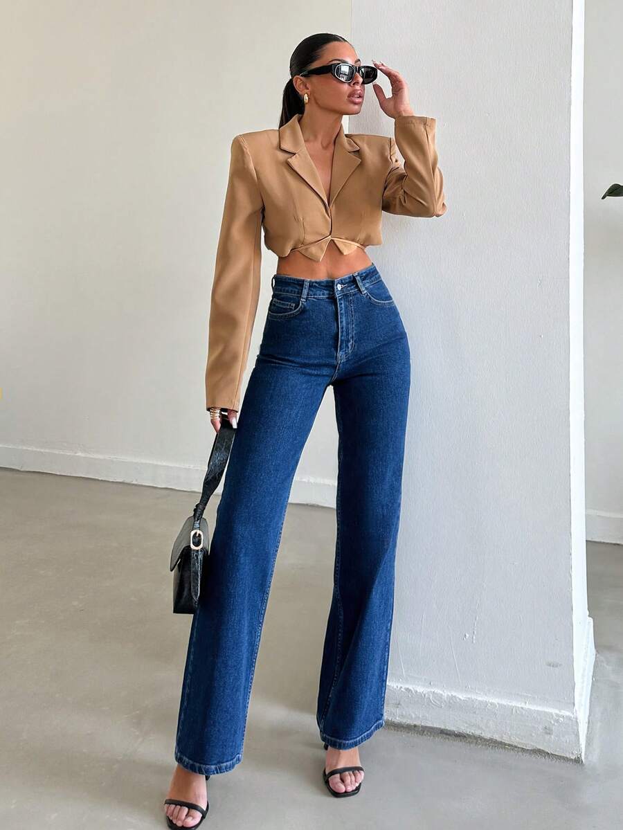 SHEIN Tall Tall Mid Waist Medium Wash Straight Jean - Medium Wash - View 1