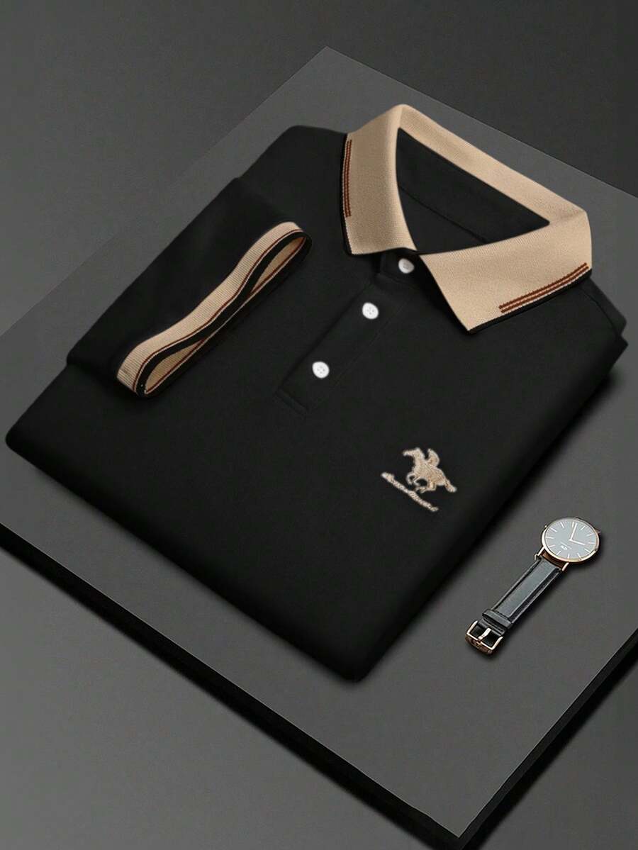 Manfinity Mode Men's Business Casual Ribbed Collar Short Sleeve Polo Shirt - Black - View 1