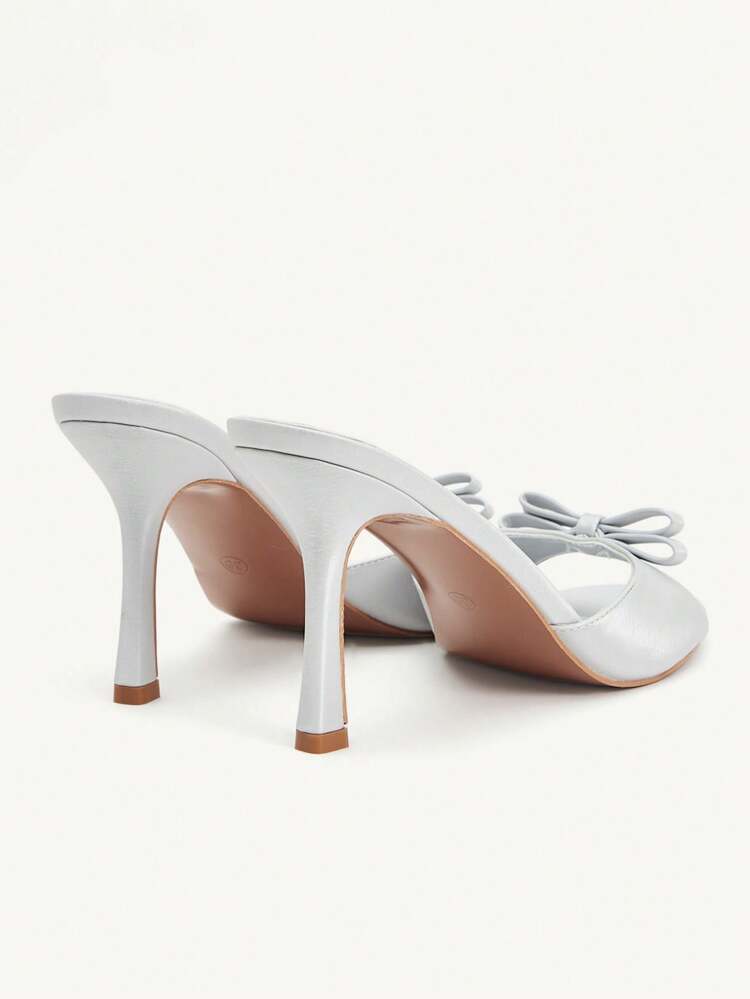 CUCCOO CHICEST Women's Silver Bow Elegant High-End French Style Round Toe Mule High Heel Sandals Wedding Shoes Summer Shoes Bride Shoes