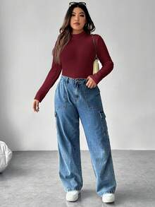 SHEIN EZwear Bộ đồ liền thân dài tay cổ trụ màu đỏ rượu vang cỡ lớn dành cho nữ - Màu Đỏ Sâu - Xem 7