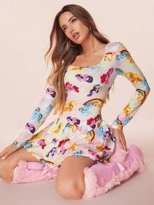 My Little Pony X SHEIN 女士卡通彩虹印花渐变方领泡泡下摆短裙 - 彩色 - 查看 4