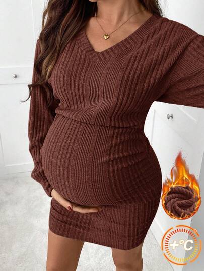 SHEIN 孕妇纯色V领落肩长袖罗纹修身休闲连衣裙