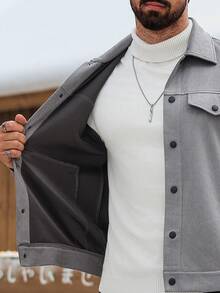 Manfinity CasualCool Men's Casual Grey Suedette Fleece Long Sleeve Jacket, Autumn/Winter Men Button Up Jacket Men Jackets Casual Men Jacket Men Shacket Grey Button Up Jacket - Grey - View 7