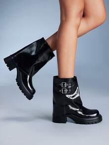 CUCCOO GRLICON Giày bốt cao gót đế dày thiết kế khóa sáng bóng dành cho nữ, phù hợp cho trang phục Giáng sinh, Lễ Tạ ơn, Tiệc tùng, Năm mới - màu đen - Xem 3