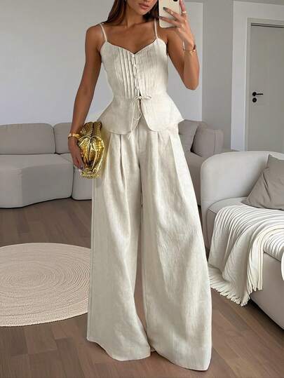 INAWLY Solva 2pcs Women Solid Color Camisole Top And Pants Set, Fashion Suitable For Summer