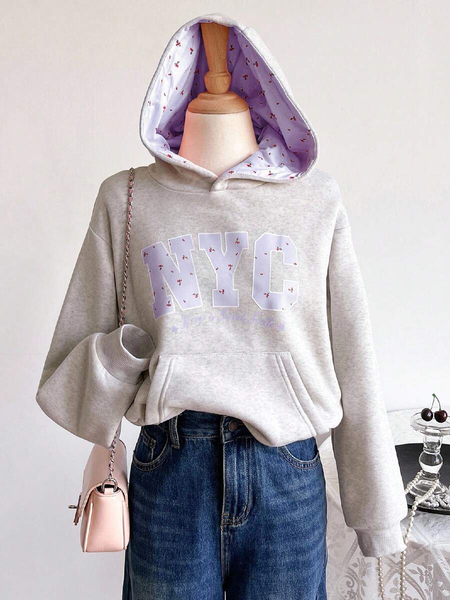 Sweetra Young Tween Girls Casual Cute Ditsy Floral Hat, Floral & Letter Print Pocket Sweatshirt, Suitable For School, Students, Daily Wear, Street Style, Versatile - Grey - View 1