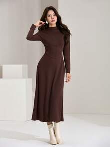 Heiryn Đầm suông cổ đứng tay dài thanh lịch màu trơn dành cho nữ - Cà phê nâu - Xem 5