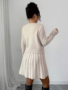 Elenzga 女士灰色时尚连衣裙和开衫毛衣两件套 - 杏色 - 查看 2