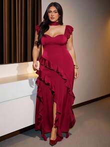 SHEIN BAE 大码女式酒红色荷叶边下摆开衩连衣裙，优雅连衣裙 - 酒紅色 - 查看 7