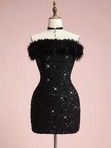 ROMWE Avant Đầm ôm sát mini cổ lông đính sequin thanh lịch, váy dự tiệc gợi cảm - màu đen - Xem 4