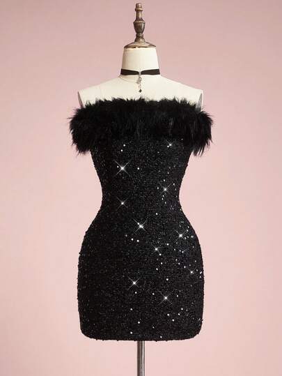 ROMWE Avant Vestido mini ajustado con cuello de piel y adornos de lentejuelas, elegante vestido de fiesta sexy