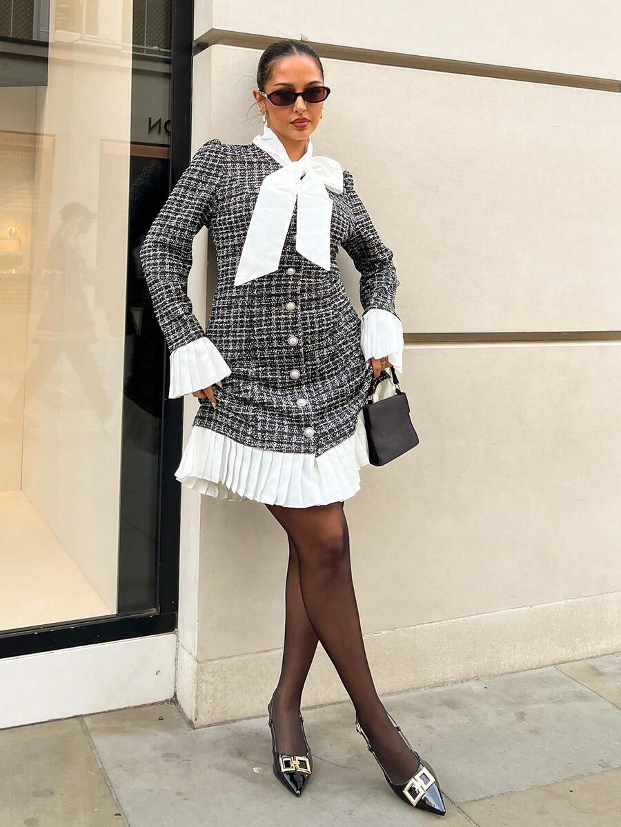 NegzBox Women's Autumn/Winter Bowknot Neck Colorblock Plaid Pleated Short Dress Fall Cloth For Women - Black and White - View 1
