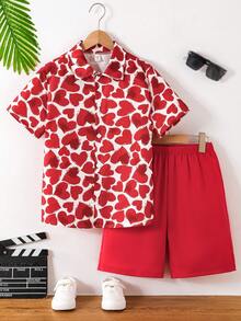 2pcs/Set Tween Boys Valentine's Day Heart Print Shirt And Shorts Set - Red - View 3