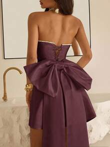 Vowa Elegante e lussuoso abito da cerimonia da sposa con fiocco oversize glamour e colletto con perle, adatto per matrimoni, addii al nubilato, vacanze e gala - colore granata - Visualizzare 8
