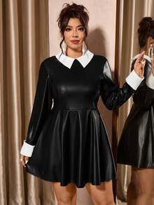 Cravure 大码女式都市优雅时尚百搭简约别致黑白撞色皮裙，适合毕业典礼、节日、情人节、音乐节、母亲节、万圣节、感恩节、复活节、国庆节、舞会、约会、派对、郊游等场合。 - 黑色 - 查看 7