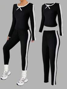 Sparklyn Girls' Two Pieces Minimalist Fashion Color-Block Knit Base Layer Set Includes A Color-Block Long-Sleeve Bow Top And Side Color-Block Pants, Ideal For Layering In Winter. - Black - View 8