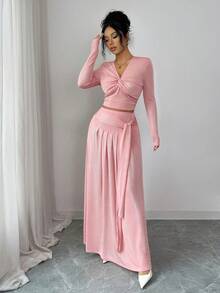 Elenzga Damska elegancka moda, dojazdy do pracy, swobodna, wygodna, urocza, retro, minimalistyczna, ekskluzywna, romantyczna, świąteczna, delikatna, damska, długi rękaw, dekolt w serek, marszczona z przodu, węzeł skręcany, linia A, plisowana z przodu, kokarda, jednolity kolor, dzianina, brokat, dwuczęściowy zestaw