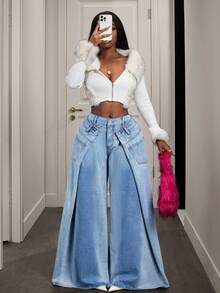 Slaydiva 女士街头时尚嘻哈阔腿牛仔裤 - 藍色 - 查看 6