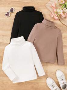 SHEIN 3件套女童高弹力领打底衫，适合日常休闲穿着，秋季款 - 彩色 - 查看 2