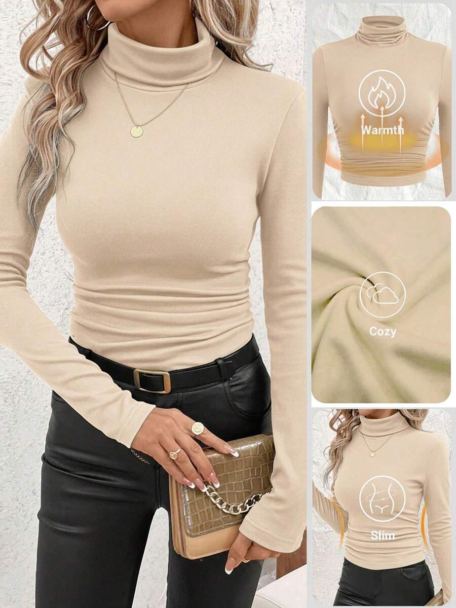 SHEIN Clasi Women's Stand Collar Gathered Waist Fleece Warm T-Shirt,Fall,Fall Clothes For Women - Camel - View 1