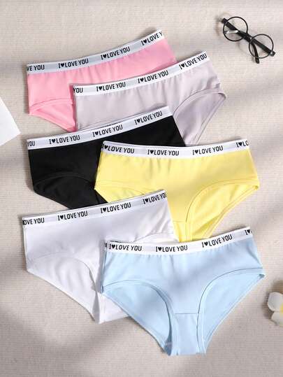 SHEIN 6pcs/Pack Tween Girls' Comfortable Letter Elastic Waist Soft Cotton Briefs