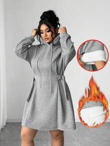 Elenzga Áo hoodie dệt kim dài tay thời trang tối giản cỡ lớn cho nữ có dây rút ở eo, váy dài đến đầu gối màu xám - Xám - Xem 9