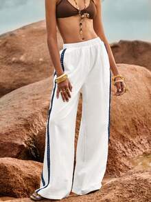 Poéselle Women's Sun Pattern Embroidered Elastic Waist Loose Wide Leg Casual Pants Cotton - Blue and White - View 4