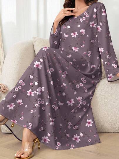 Al Najma 女式复古花卉印花 V 领长袖优雅阿拉伯风格长裙，春秋装